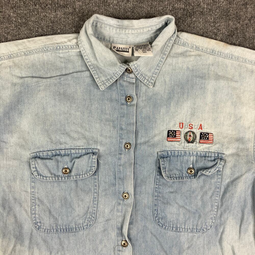 Capacity Denim Shirt Mens L Light Wash Short Sleeve Button-Up Western USA‎ Patch